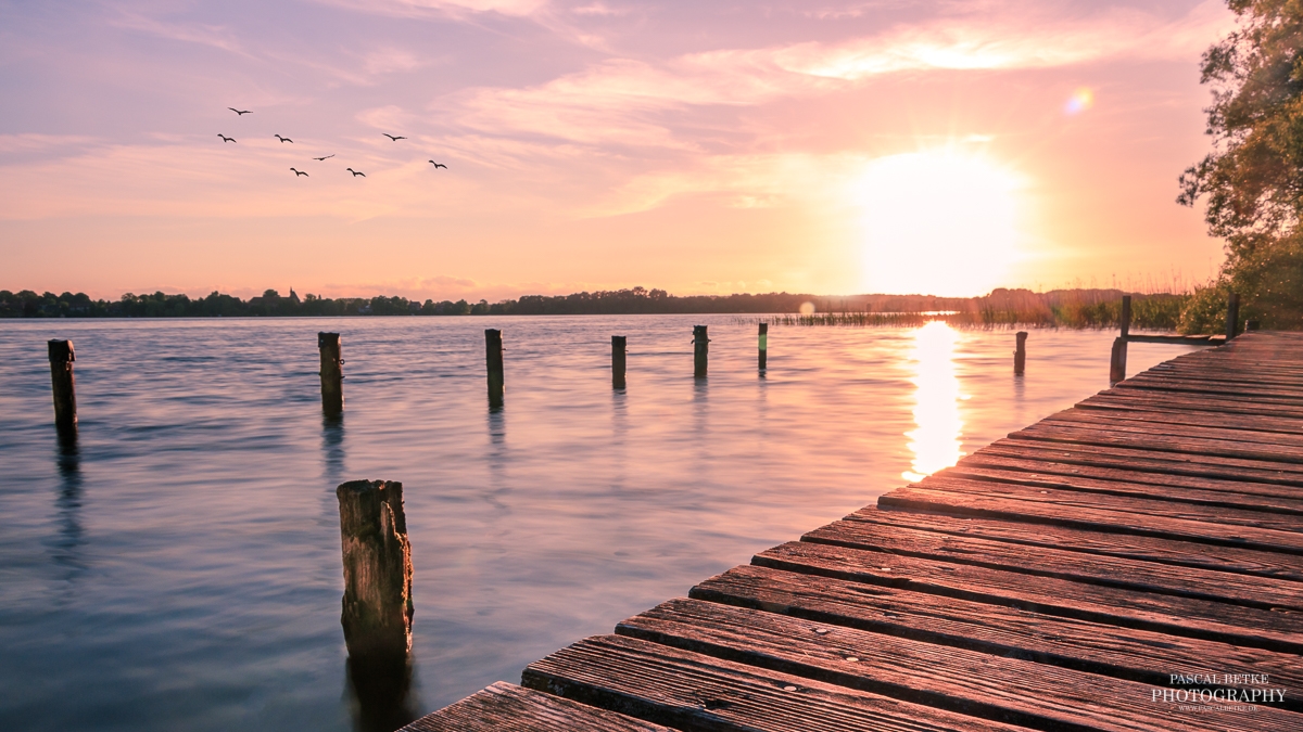 bootssteg im sonnenuntergang zarrentin am schaalsee ohne boot