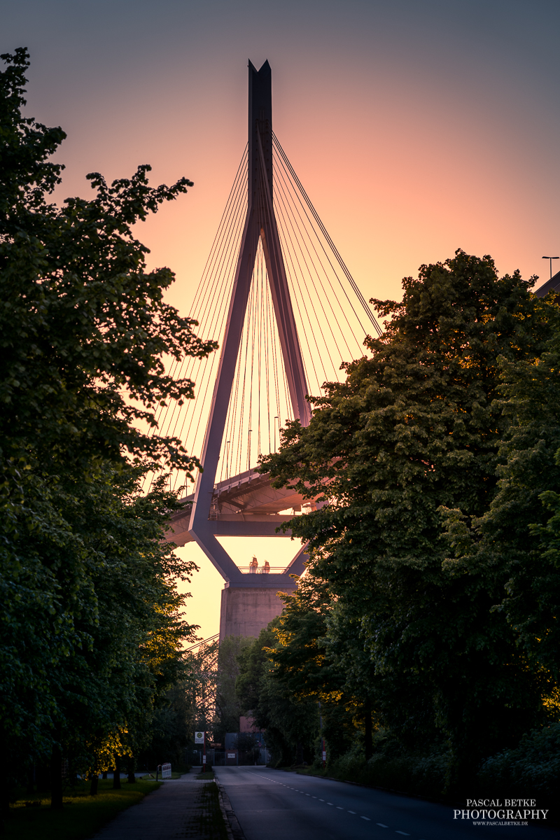 Die Köhlbrandbrücke im Sonnenuntergang von der Nippoldstraße aus gesehen
